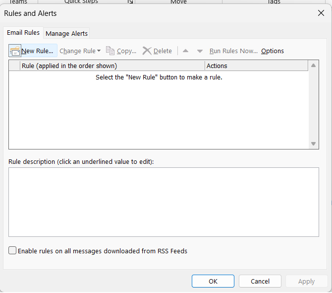 Shows pop-up window Outlook rules to create a new Rule
